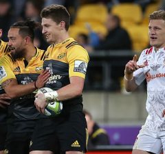 Beauden Barrett and the Hurricanes celebrate a try