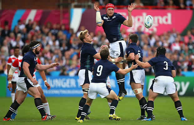 Grant Gilchrist wins the ball for Scotland against Japan