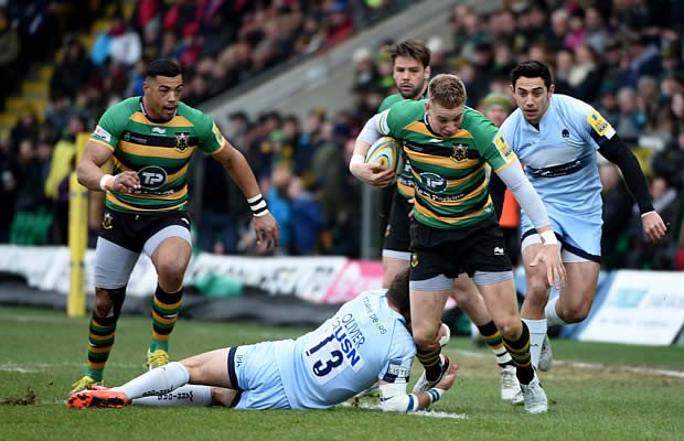 Harry Mallinder on the attack for Northampton Saints