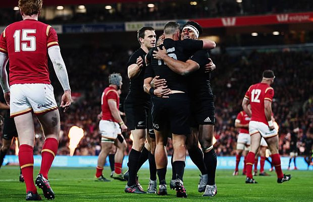 Israel Dagg and his team-mates celebrate a try for the All Blacks