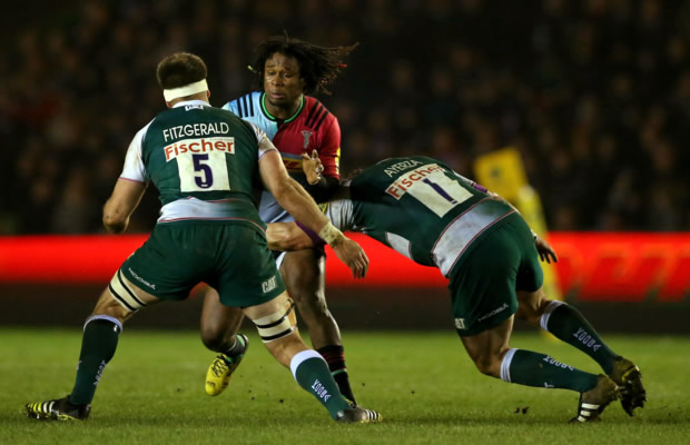 Marland Yarde tries to break through Leicester's defence