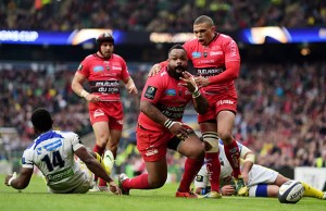 Mathieu Bastareaud celebrates a try in the European Champions Cup final