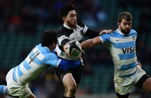 Rugby World cup winner Nehe Milner-Skudder gets closed down by the Pumas defence