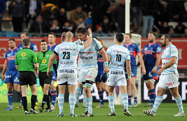 Racing Metro players celebrate victory over Grenoble