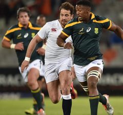 Sikhumbuzo Notshe and Danny Cipriani race for the ball