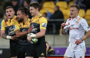 Beauden Barrett and the Hurricanes celebrate a try
