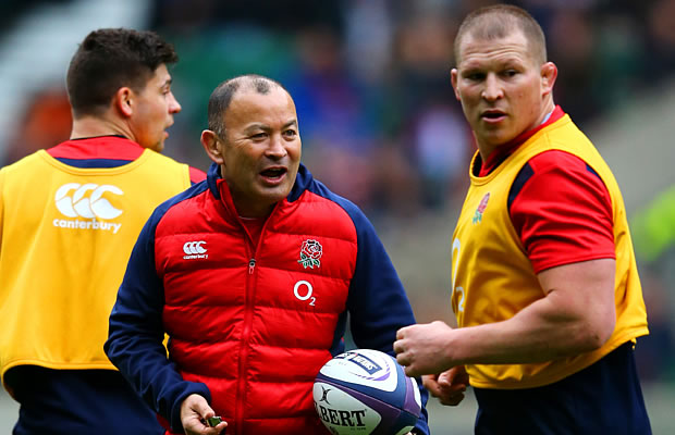 Eddie Jones at training with Dylan Hartley