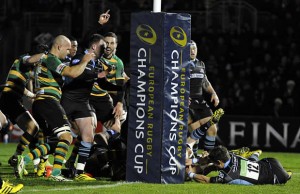 George North celebrates a try for Northampton Saints