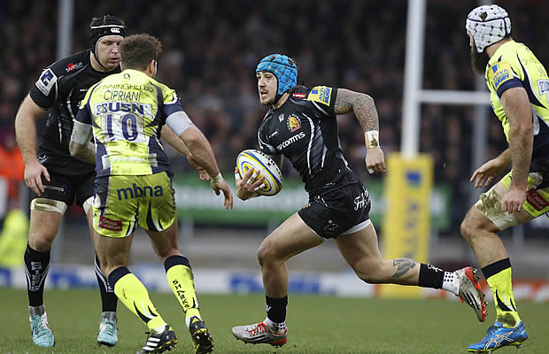 Jack Nowell tries to cut through Sale Sharks defence