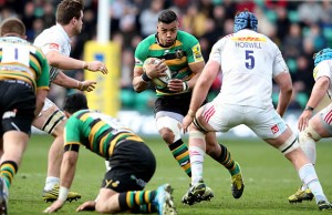 Luther Burrell looks to break through the Harlequins defence