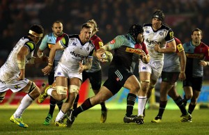 Prop Mark Lambert on the charge for Harlequins