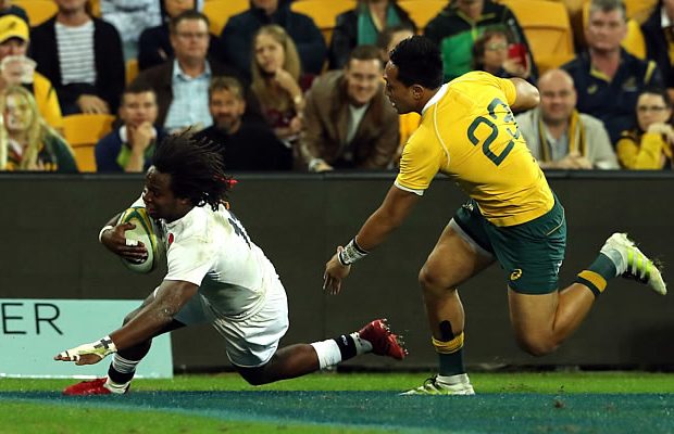 Marland Yarde scores a try for England