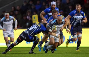 Nili Latu of Newcastle Falcons is tackled by during Magnus Lund and Dan Braid