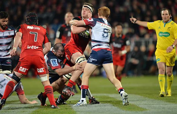 Scott Barrett defends the ball for the Crusaders