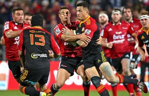 Sonny-Bill Williams is tackled by Dan Carter in the last Chiefs v Crusaders match